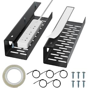 Self-Adhesive Under Desk Cable Management Tray 2 Pcs Steel Under Desk Wires Organizer Power Strip Management No Drill Under Table Organizer for Cable Storage Holder for Office Home Desk/Table
