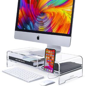 BEYGORM Acrylic Monitor Stand Riser, Wide 20", 2 Tier Computer with Storage, Desk Organizer Desktop Printer Laptop Storage Shelf Screen Holder Phone Holder(Clear)