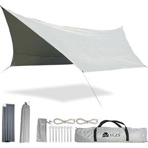 Camping Tarp Set,14x12ft, Sun and Rain Protection Canopy, Waterproof, Heat-Insulating，Hexagonal Design, Even Force, Stronger Stability, for Camping, Picnic, Beach, Outdoor Activities, Gray