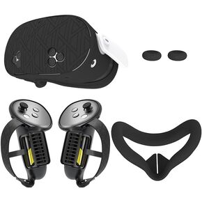 Upgraded Silicone Cover Set for Meta Quest 3S, Protective Soft Quest 3S VR Accessories Including Controllers Grips Cover, Shell Cover and Face Cover, Rocker Covers (Black)