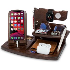 TESLYAR Wood Swivel Phone Docking Station Ash Key Holder Wallet Stand Watch Organizer Men Husband Wife Anniversary Dad Birthday Nightstand Purse Father Graduation Male (Black)