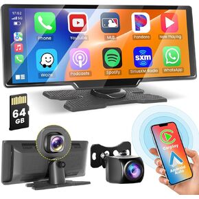 Hikity Wireless Carplay Touchscreen with 2.5K Dash Cam, 9.3 Inch Portable Android Auto CarPlay Unit Car Radio with 1080P Backup Camera 64G TF WiFi Video Airplay Voice Control