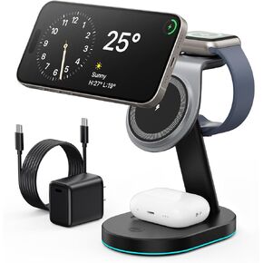 4 in 1 Wireless Charger Charging Station for iPhone,Qi2 Certified 15W Magnetic Charging Stand for Mag-Safe with 30W USB C Adapter&Friendly Night Light for iPhone 16/15/14/13/12,Apple Watch,AirPods