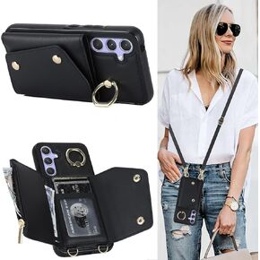for Samsung Galaxy A54 Phone Case for Women, Crossbody Wallet Case with Credit Card Holder Lanyard Shockproof Purse Kickstand Case for Samsung Galaxy A54.Crossbody Black