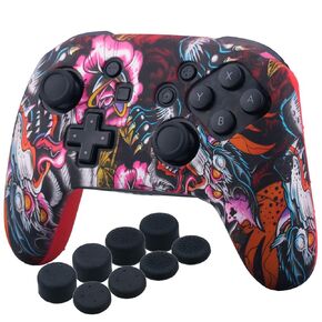 YoRHa Studded Silicone Transfer Print Cover Skin Case ONLY for Nitendo Official Switch Pro Controller x 1(Dragon Red) with Pro Thumb Grips x 8