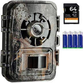 Trail Camera 24MP 1296P, Game Camera with No Glow Night Vision Motion Activated IP66 Waterproof for Wildlife Monitoring, 0.2s Trigger Time,120° Wide Camera Lens, Free 64GB SD Card & 4*Batteries