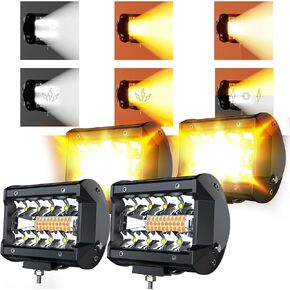 LED Light Bar 4PCS 4'' Inch White/Amber Yellow LED Pods Equivalent to 240-Watt Strobe Light Driving Fog Lights Triple Row Off Road Lights with Six Modes for SUV ATV UTV Trucks Pickup Lamp