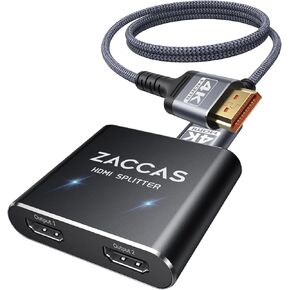 HDMI Splitter 4K, 1x2 HDMI Display Duplicate/Mirror Screens, ZACCAS Aluminum HDMI Splitter 1 in 2 Out, Full HD 1080P 3D【with 3.3Ft Braided HDMI Cable】,1 Source to 2 Identical Displays