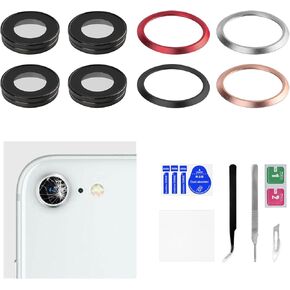 4 Sets for iPhone 8 Red Space Gray Silver Gold 4 Color Back Rear Camera Lens Metal Frame Replacement for iPhone8 4.7 inch HD Tempered Camera Lens Cover with Repair Tool for A1863 A1905 A1906