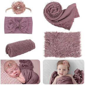 AOKE 5 PCS Newborn Photography Wrap Props Kit, Newborn Photo Props Long Ripple Wraps DIY Blanket with Flower Headbands, Purple Toddler Baby Photography Props Mat Set for Baby Boys and Girls