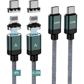 100W 2 in 1 Magnetic USB C Charging Cable [2-Pack, 4/6.6FT] 480Mbps Data Transfer, 5A C to C Cable Fast Charging for iPhone 16/15/14/13 Pro Max, MacBook Pro,iPad,Galaxy S22,Pixel