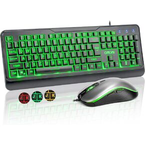 CHONCHOW Wired Keyboard and Mouse Combo with Large Print, Red-Green-Yellow LED Light Up and Quiet Keys for Office Work and Gaming, RGB Mouse, USB Keyboard with Backlit for PC Laptop Computer - Black