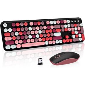 Keyboard and Mouse Wireless,Cute Retro Wireless Keyboard Mouse Combo with Round Key,2.4Ghz Dropout-Free Connection,Typewriter Wireless Keyboard Mouse Set for PC Laptop Desktop Computer-Blue Colorful