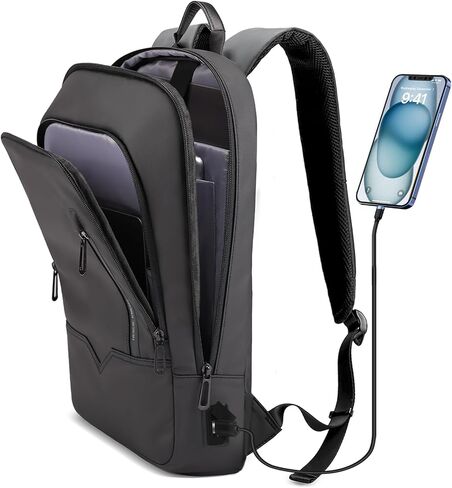 hk Backpack for Men Business Slim Backpack with USB Charger Computer Lightweight Anti-theft Travel Backpacks 15.6 inch Water Resistant Laptop Bag for Work Office College-Black in Kuwait