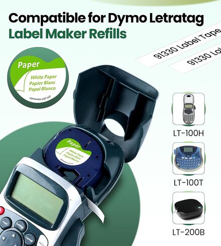 Replace for Dymo Letratag Refills 91330 White Paper Label Maker Tape Refill Compatible with Dymo Letratag Label Maker Tape,12 mm x 4m 1/2" x 13' for Letra tag LT100H LT100T 200B QX50 Plus, 5-Pack in Kuwait