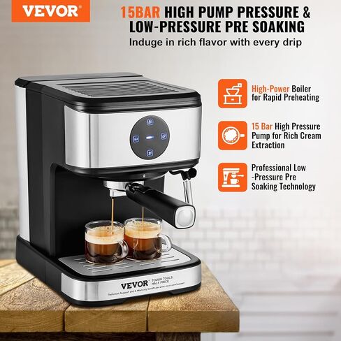 VEVOR Espresso Machine, 15 Bar Coffee and Espresso Maker with Milk Frother Steam Wand, Professional Semi-Automatic Cappuccino Latte Machine with Touch Screen & Removable Water Tank, NTC Control System in Saudi Arabia