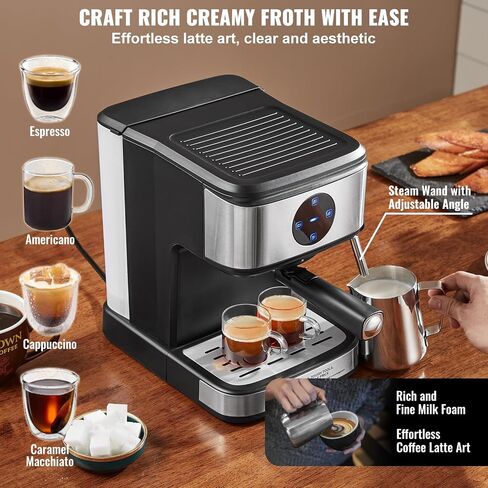 VEVOR Espresso Machine, 15 Bar Coffee and Espresso Maker with Milk Frother Steam Wand, Professional Semi-Automatic Cappuccino Latte Machine with Touch Screen & Removable Water Tank, NTC Control System in Saudi Arabia