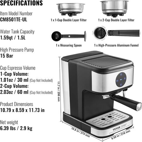 VEVOR Espresso Machine, 15 Bar Coffee and Espresso Maker with Milk Frother Steam Wand, Professional Semi-Automatic Cappuccino Latte Machine with Touch Screen & Removable Water Tank, NTC Control System in Saudi Arabia