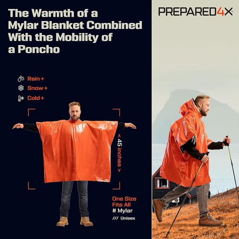 PREPARED4X Emergency Poncho with Mylar Blanket Liner – Heavy Duty, Waterproof, Wind-Resistant Green Rain Poncho for Outdoors, Camping, and Car Emergency Kits - Thermal Poncho in Saudi Arabia