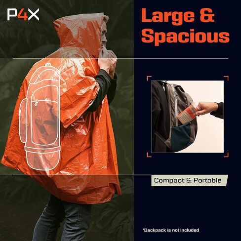 PREPARED4X Emergency Poncho with Mylar Blanket Liner – Heavy Duty, Waterproof, Wind-Resistant Green Rain Poncho for Outdoors, Camping, and Car Emergency Kits - Thermal Poncho in Saudi Arabia