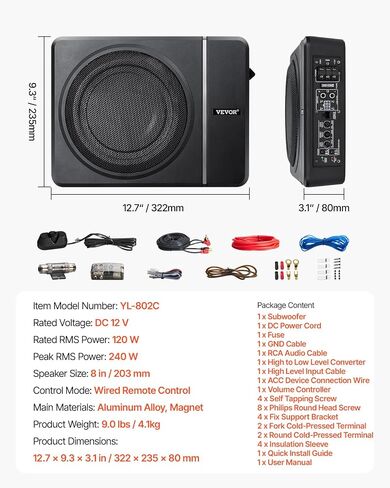 VEVOR 10 "440W مضخم صوت السيارة تحت المقعد، مكبرات صوت سيارة نحيفة تعمل بالطاقة مع إضاءة محيطة زرقاء، فرع صوتي منخفض تحت المقعد مع مكبر صوت مدمج، وحدة تحكم عن بعد لسيارات الدفع الرباعي والسيارات والشاحنات وRV in Saudi Arabia