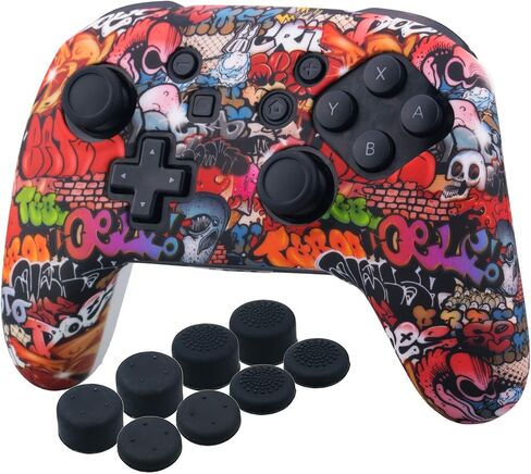 YoRHa Studded Silicone Transfer Print Cover Skin Case ONLY for Nitendo Official Switch Pro Controller x 1(Skull Graffiti) with Pro Thumb Grips x 8 in Saudi Arabia