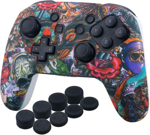 YoRHa Studded Silicone Transfer Print Cover Skin Case ONLY for Nitendo Official Switch Pro Controller x 1(Beasts) with Pro Thumb Grips x 8 in Saudi Arabia