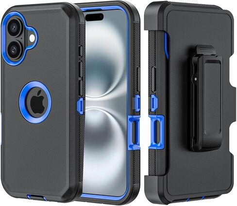 Phone Case for iPhone 16 Plus Case,Heavy Duty Hard Shockproof Armor Protector Case Cover with Belt Clip Holster for Apple iPhone 16 Plus 6.7 5G 2024 Phone Case (Black+Blue) in Saudi Arabia