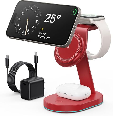4 in 1 Wireless Charger Charging Station for iPhone,Qi2 Certified 15W Magnetic Charging Stand for Mag-Safe with 30W USB C Adapter&Friendly Night Light for iPhone 16/15/14/13/12,Apple Watch,AirPods in Kuwait