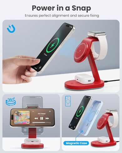 4 in 1 Wireless Charger Charging Station for iPhone,Qi2 Certified 15W Magnetic Charging Stand for Mag-Safe with 30W USB C Adapter&Friendly Night Light for iPhone 16/15/14/13/12,Apple Watch,AirPods in Kuwait