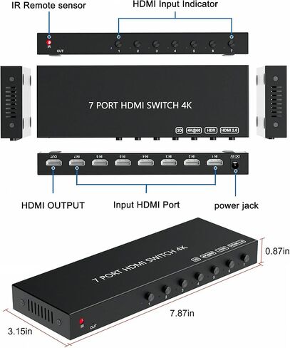 7 منافذ HDMI Switch 4k@60hz، محول HDMI 7 في 1 خارج HDCP 2.0 HDMI2.0 Hub يدعم ثلاثي الأبعاد متوافق مع Nintendo Switch/Switch OLED/Xbox PS5/4/3 DVD Player Fire Stick Roku Apple TV Chromecast TV PC in Saudi Arabia