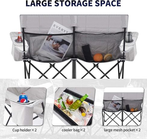 Double Camping Chair with Cooler Bag, Oversized Loveseat 2 Person Camping Couch,Outdoor Folding Lawn Chair for Adults with Cup Holder,Support 530 lbs for Outside Sports Picnic Beach Travel(Navy Blue) in Saudi Arabia