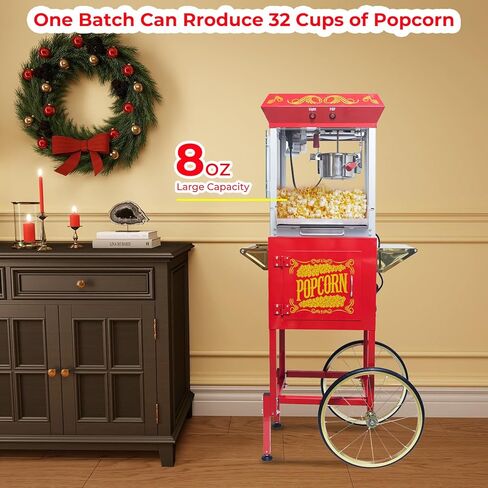 Popcorn Maker Machine, Professional Cart With 8 Oz Kettle Makes Up to 32 Cups, Commercial Popcorn Machine Movie Theater Style with Measuring Spoon 3-Piece Set and 1 Popcorn Scoop - Red in Kuwait