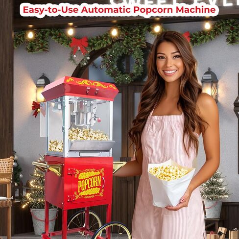 Popcorn Maker Machine, Professional Cart With 8 Oz Kettle Makes Up to 32 Cups, Commercial Popcorn Machine Movie Theater Style with Measuring Spoon 3-Piece Set and 1 Popcorn Scoop - Red in Kuwait