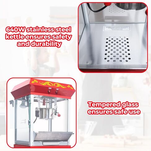 Popcorn Maker Machine, Professional Cart With 8 Oz Kettle Makes Up to 32 Cups, Commercial Popcorn Machine Movie Theater Style with Measuring Spoon 3-Piece Set and 1 Popcorn Scoop - Red in Kuwait