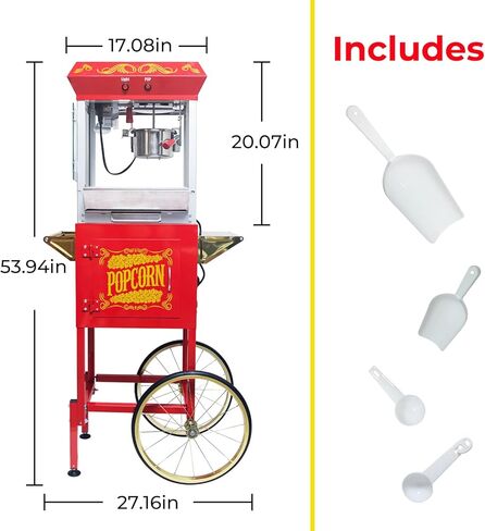 Popcorn Maker Machine, Professional Cart With 8 Oz Kettle Makes Up to 32 Cups, Commercial Popcorn Machine Movie Theater Style with Measuring Spoon 3-Piece Set and 1 Popcorn Scoop - Red in Kuwait