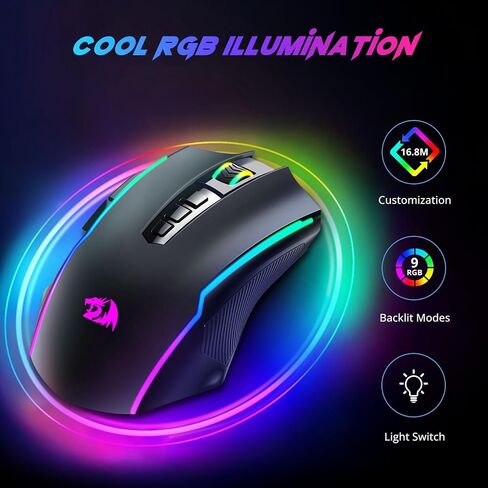 Redragon Gaming Mouse, Wireless Mouse Gaming with 8000 DPI, PC Gaming Mice with Fire Button, RGB Backlit Programmable Ergonomic Mouse Gamer, Rechargeable, 70Hrs for Windows, Mac Gamer, Black in Kuwait