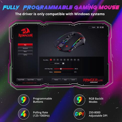 Redragon Gaming Mouse, Wireless Mouse Gaming with 8000 DPI, PC Gaming Mice with Fire Button, RGB Backlit Programmable Ergonomic Mouse Gamer, Rechargeable, 70Hrs for Windows, Mac Gamer, Black in Kuwait