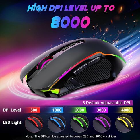 Redragon Gaming Mouse, Wireless Mouse Gaming with 8000 DPI, PC Gaming Mice with Fire Button, RGB Backlit Programmable Ergonomic Mouse Gamer, Rechargeable, 70Hrs for Windows, Mac Gamer, Black in Kuwait