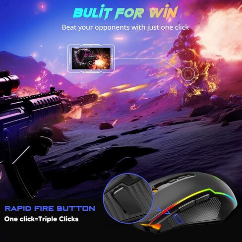 Redragon Gaming Mouse, Wireless Mouse Gaming with 8000 DPI, PC Gaming Mice with Fire Button, RGB Backlit Programmable Ergonomic Mouse Gamer, Rechargeable, 70Hrs for Windows, Mac Gamer, Black in Kuwait