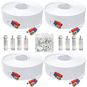 BNC Cable 200ft 4 Pack BNC Video Power Cable,Security Camera Cable for CCTV Camera DVR Security Systems(Included 8X BNC Adapters,100 Pcs Cable Clips)-White