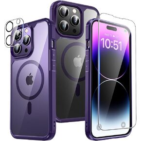TAURI 5 in 1 for iPhone 14 Pro Case, [Military-Grade Drop Protection] [Compatible with Magsafe] Shockproof Lanyard Case for iPhone 14 Pro Phone Case 6.1 inch - Purple