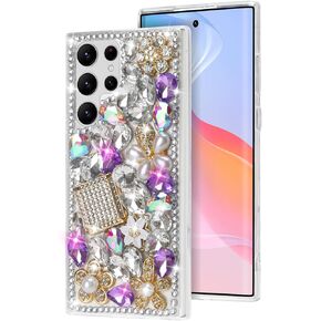 Losin Compatible with Galaxy S24 Bling Case for Women Girls Luxury 3D Sparkle Glitter Diamond Crystal Rhinestone Case Cute Shiny Gemstone Flower Design Shockproof Cover, Clear