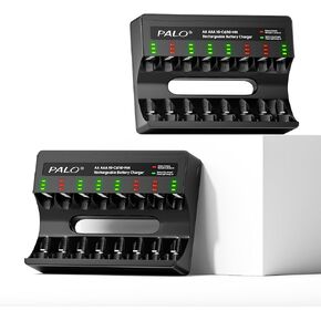 2 Pack AA AAA Rechargeable Battery Charger - 8 Bay LED Light Independent Slot Smart Charger for 1.2V Ni-MH Ni-CD Rechargeable Batteries with USB Charging Cable