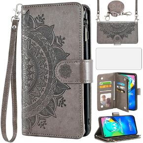 Asuwish Phone Case for Moto G8 Power Wallet Cell Cover with Screen Protector Lanyard Wrist Strap Mandala Flower Zipper Card Holder MotoG8Power Motorola 8 8G G8Power XT2041-1 2020 Women Girls Gray