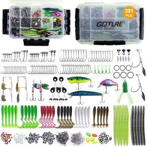 Goture 450 Pcs Fishing Lures Accessories Kit with Tackle Box - Fishing Accessories Kit Hooks Minnow Crankbait Frog Popper Lure Worm Fishing Spoon Spinner Bait Fishing Gifts for Men