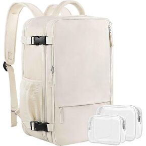 Travel Backpack for Women, Expandable 40L Carry on Flight Approved Backpack, 17 Inch Laptop Waterproof Travel Bag for College, Travel, Work, Beige