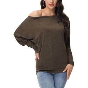 Poetsky Women's Off Shoulder Long Sleeve Tunic Tops Loose Casual Oversized Shirts Blouses