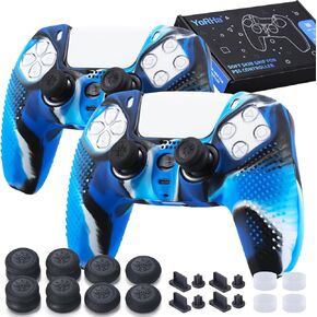 Silicone Skins Cover for PS5 Controller x 2(Camou Blue) with Thumb Grips x 8, Plugs x 8, Anolog Protectors x 4