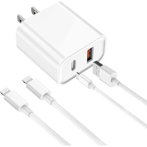 iPhone Fast Charger, [Apple MFi Certified] esbeecables 20W Dual Port PD3.0 USB-C + QC3.0 USB-A Rapid Wall Charger with 2X 6ft Lightning Cables, for iPhone 14/13/12/11 Pro, XS/XR/X/8/7P/SE/iPad/AirPods